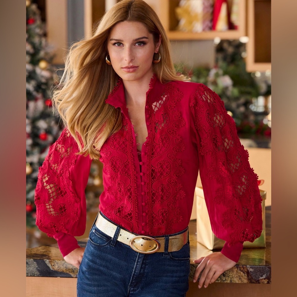 Boston Proper Lace Inset Drama Sleeve Shirt